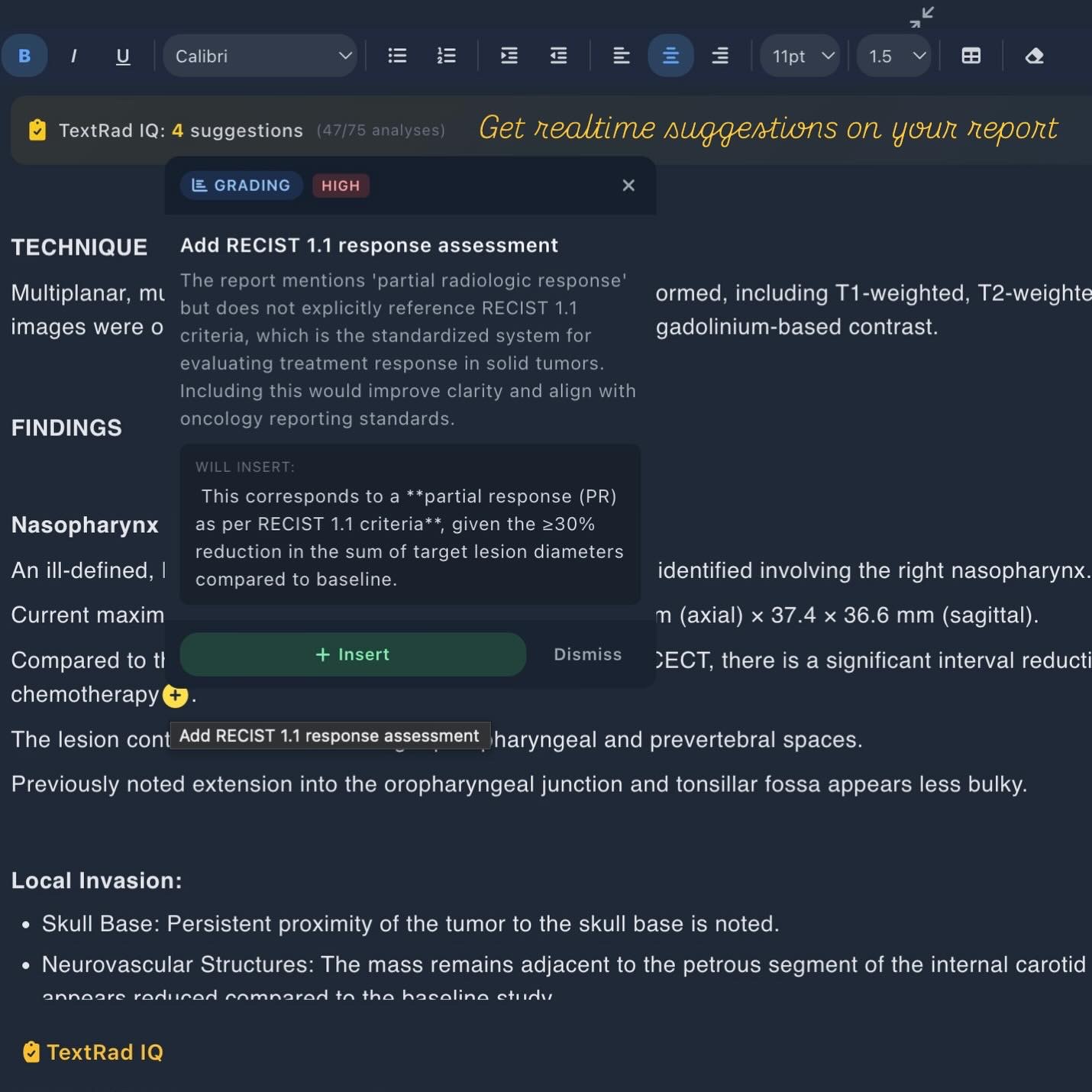 TextRad IQ grading suggestion — RECIST 1.1 response assessment