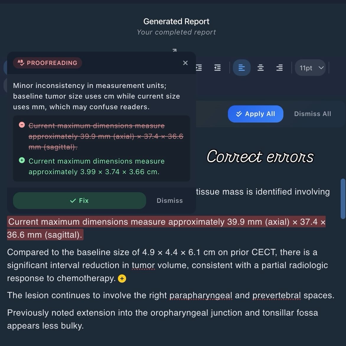 TextRad IQ proofreading — unit consistency fix